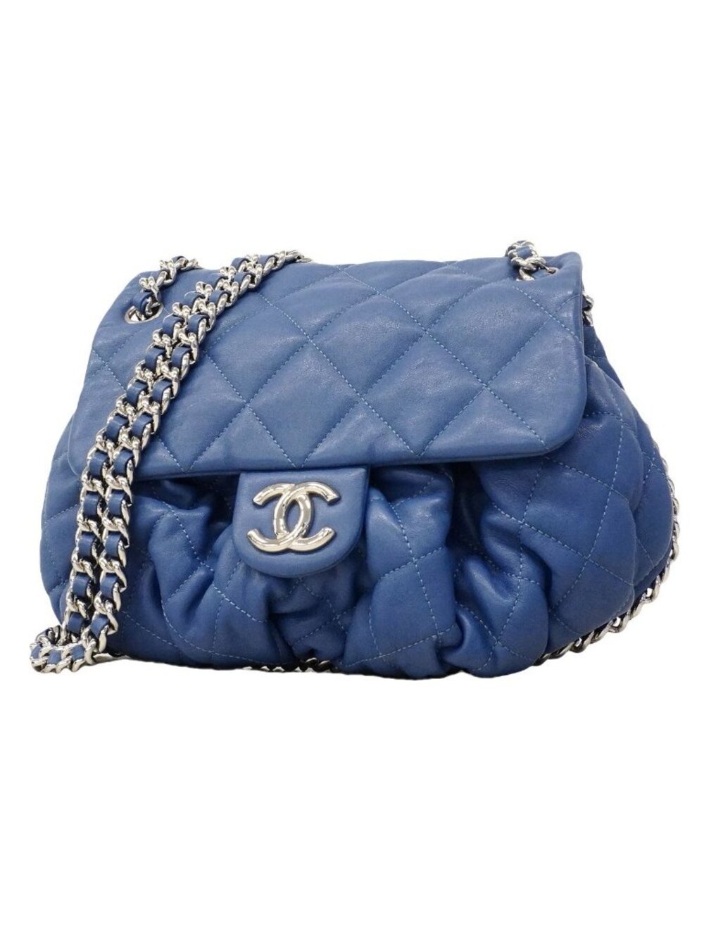 Chanel Shoulder Bag Quilted Leather Blue Silver